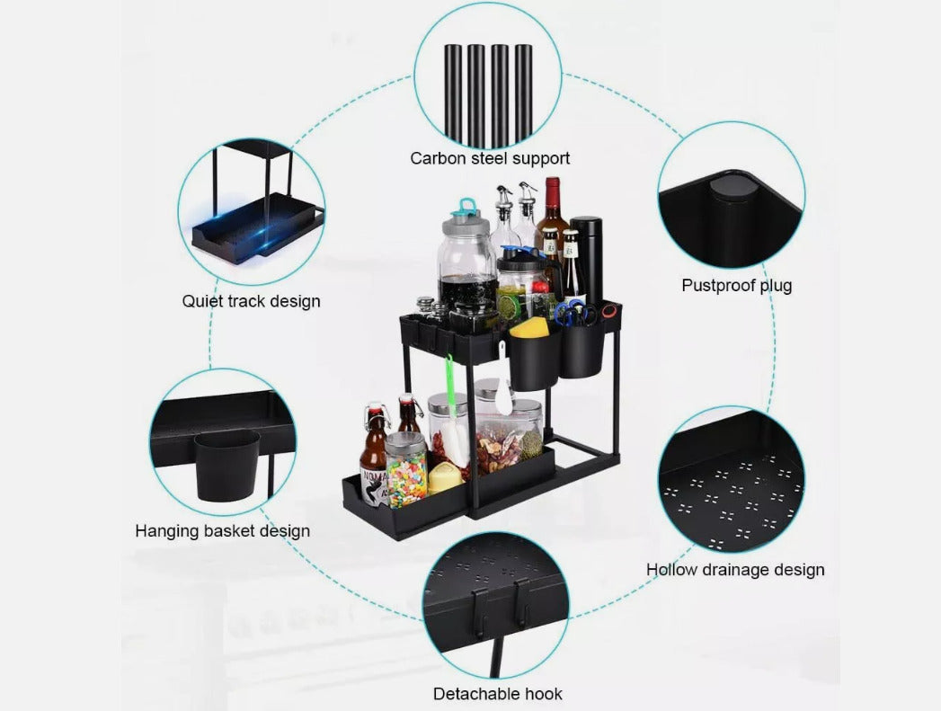 2 Tier Under Sink Storage Rack Kitchen Toilet Spice Rack Pull Out Storage Drawer