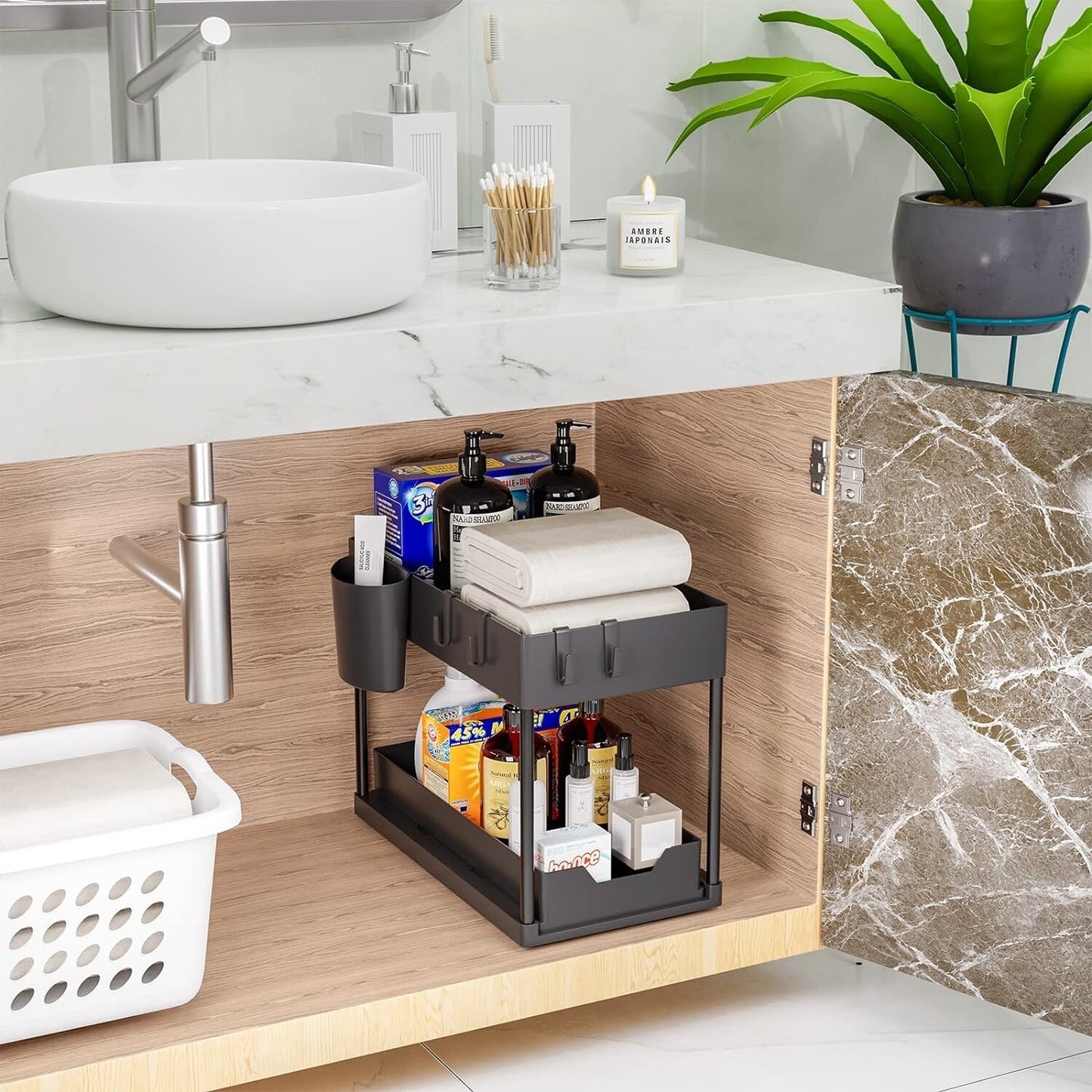 2 Tier Under Sink Storage Rack Kitchen Toilet Spice Rack Pull Out Storage Drawer