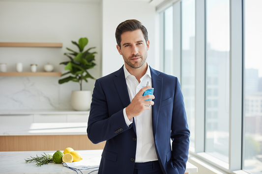 Confident man in a suit applying fresh cologne scent for a modern, sophisticated fragrance experience