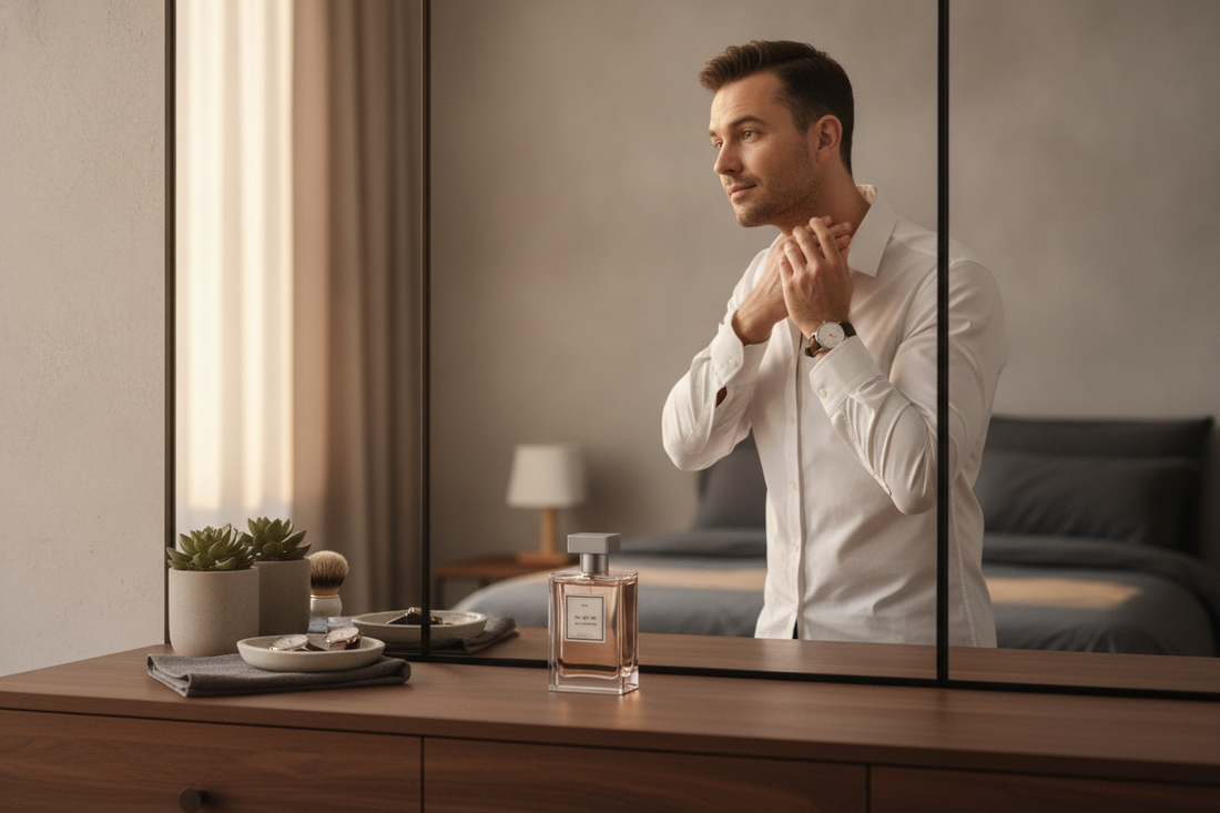 Stylish man applying long-lasting cologne for men, perfect for an all-day fresh and confident scent