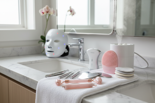 Reusable skincare tools comparison featuring facial rollers, cleansing brushes, LED mask, and eco-friendly pads on a bathroom counter