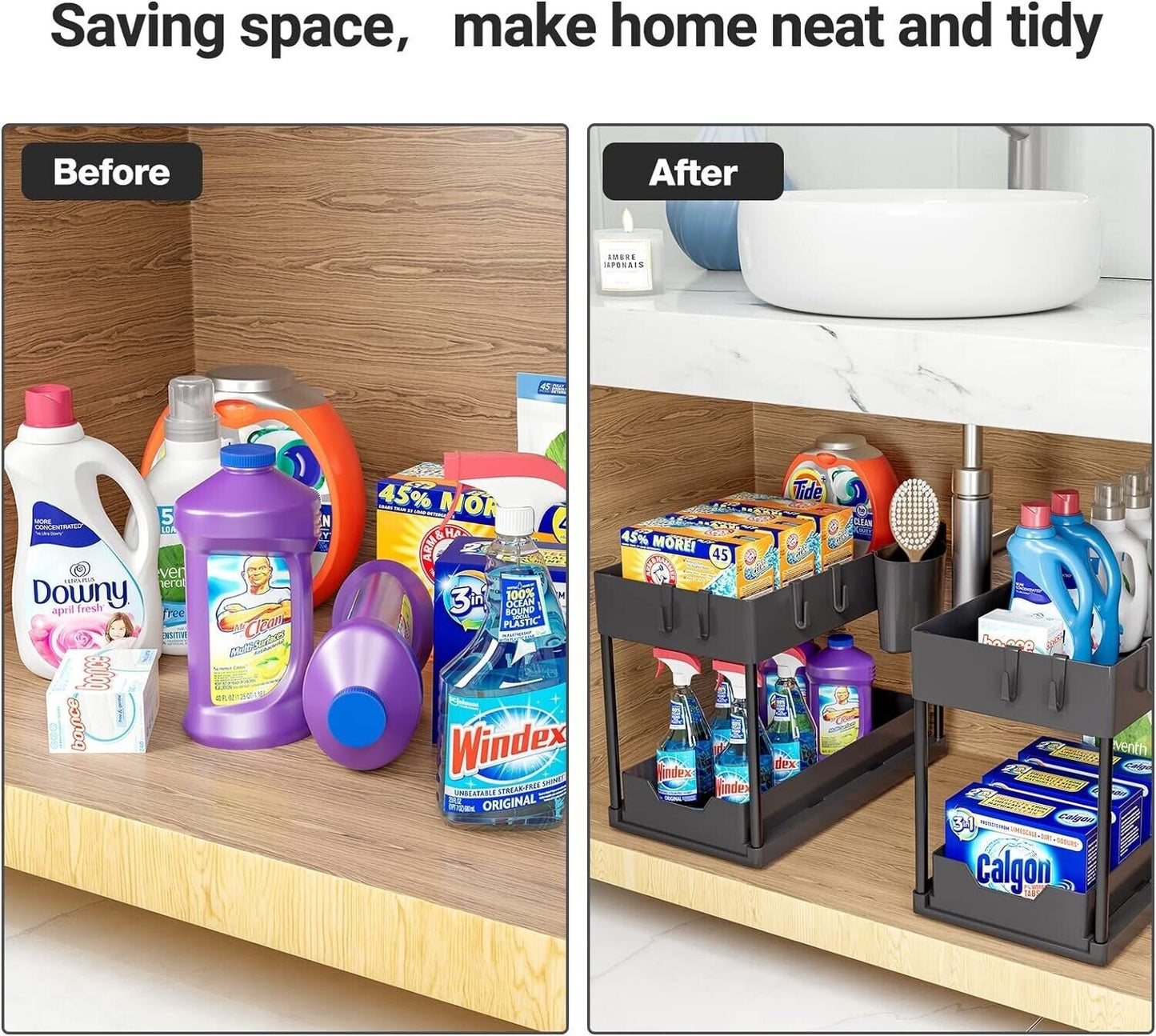 2 Tier Under Sink Storage Rack Kitchen Toilet Spice Rack Pull Out Storage Drawer