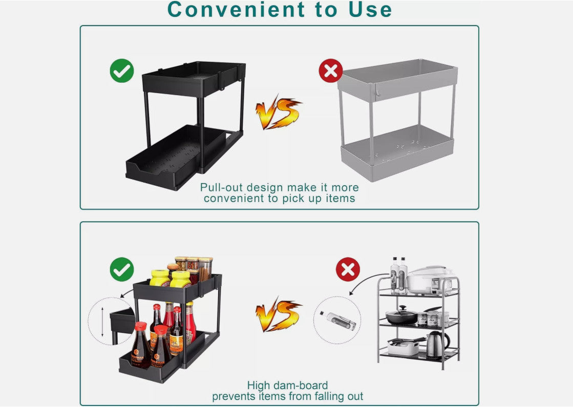 2 Tier Under Sink Storage Rack Kitchen Toilet Spice Rack Pull Out Storage Drawer