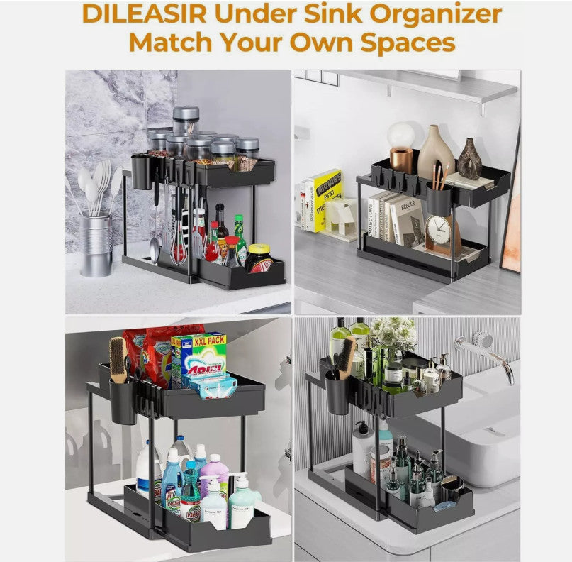 2 Tier Under Sink Storage Rack Kitchen Toilet Spice Rack Pull Out Storage Drawer